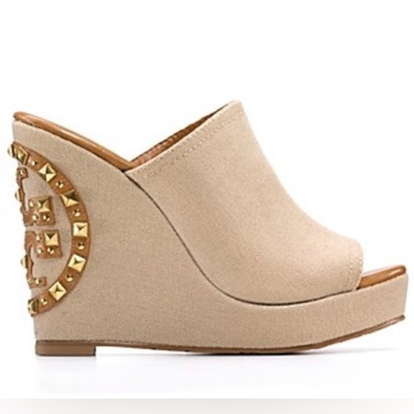 Tory Burch Meredith Studded Logo Wedges Canvas Natural - Picture 2 of 14